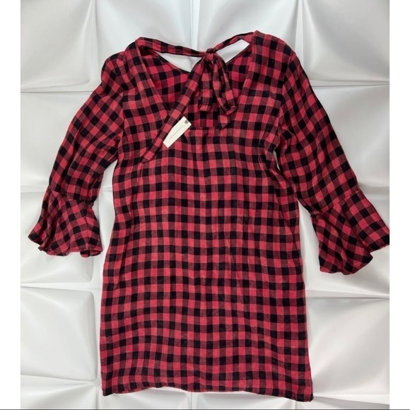 Cloth & Stone Sz S Red Black Buffalo Plaid Checkered Tunic Dress Bell Sleeve - Picture 6 of 13